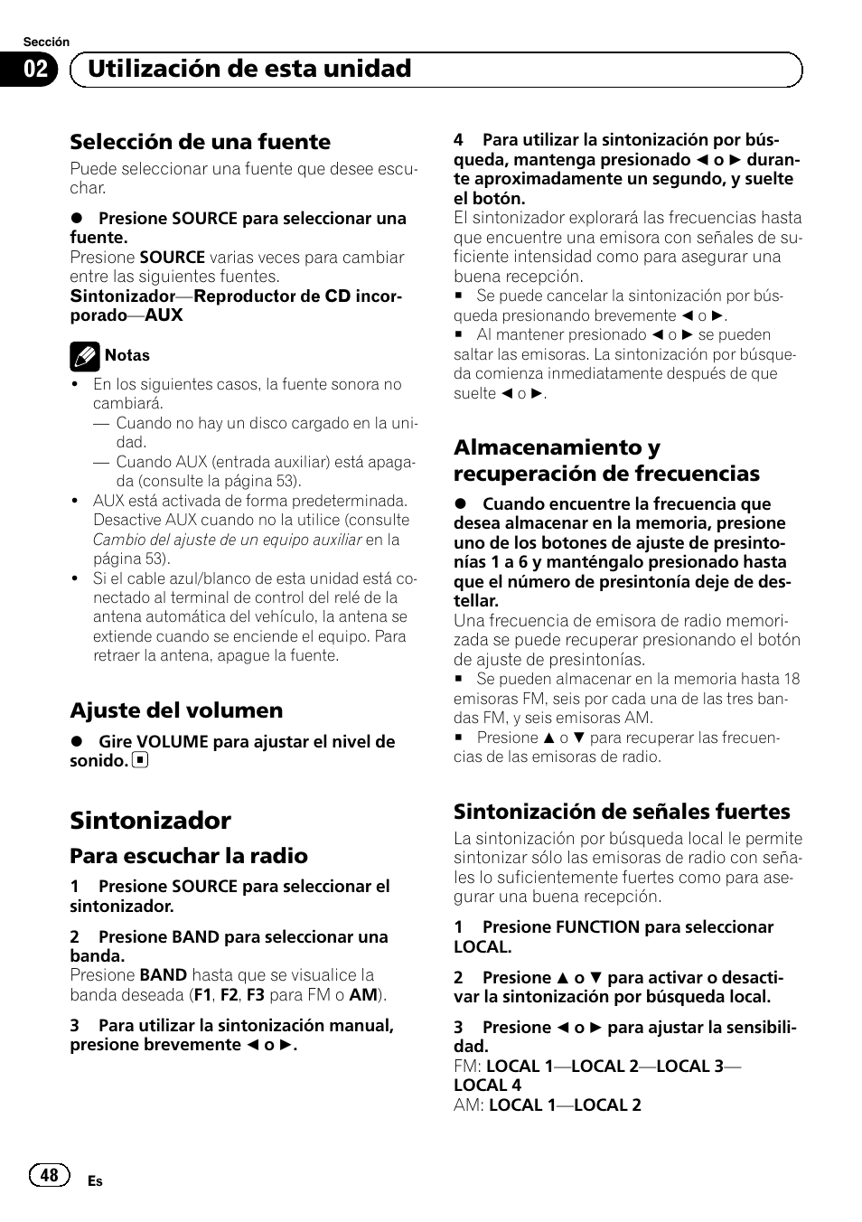 Selección de una fuente 48, Ajuste del volumen 48, Sintonizador | Para escuchar la radio 48, Almacenamiento y recuperación de, Frecuencias, Sintonización de señales fuertes 48, Utilización de esta unidad, Selección de una fuente, Ajuste del volumen | Pioneer DEH-1100MP User Manual | Page 48 / 62