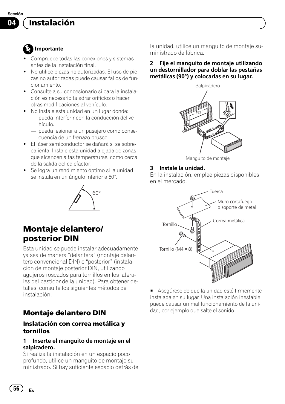 Instalación montaje delantero/posterior din, Montaje delantero din 56, Montaje delantero/ posterior din | Instalación, Montaje delantero din | Pioneer DEH-1100MP User Manual | Page 56 / 62