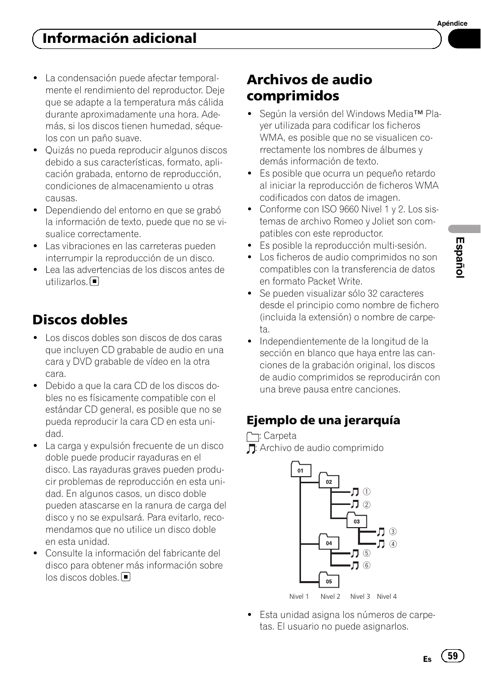 Discos dobles, Archivos de audio comprimidos, Ejemplo de una jerarquía 59 | Información adicional, Ejemplo de una jerarquía | Pioneer DEH-1100MP User Manual | Page 59 / 62