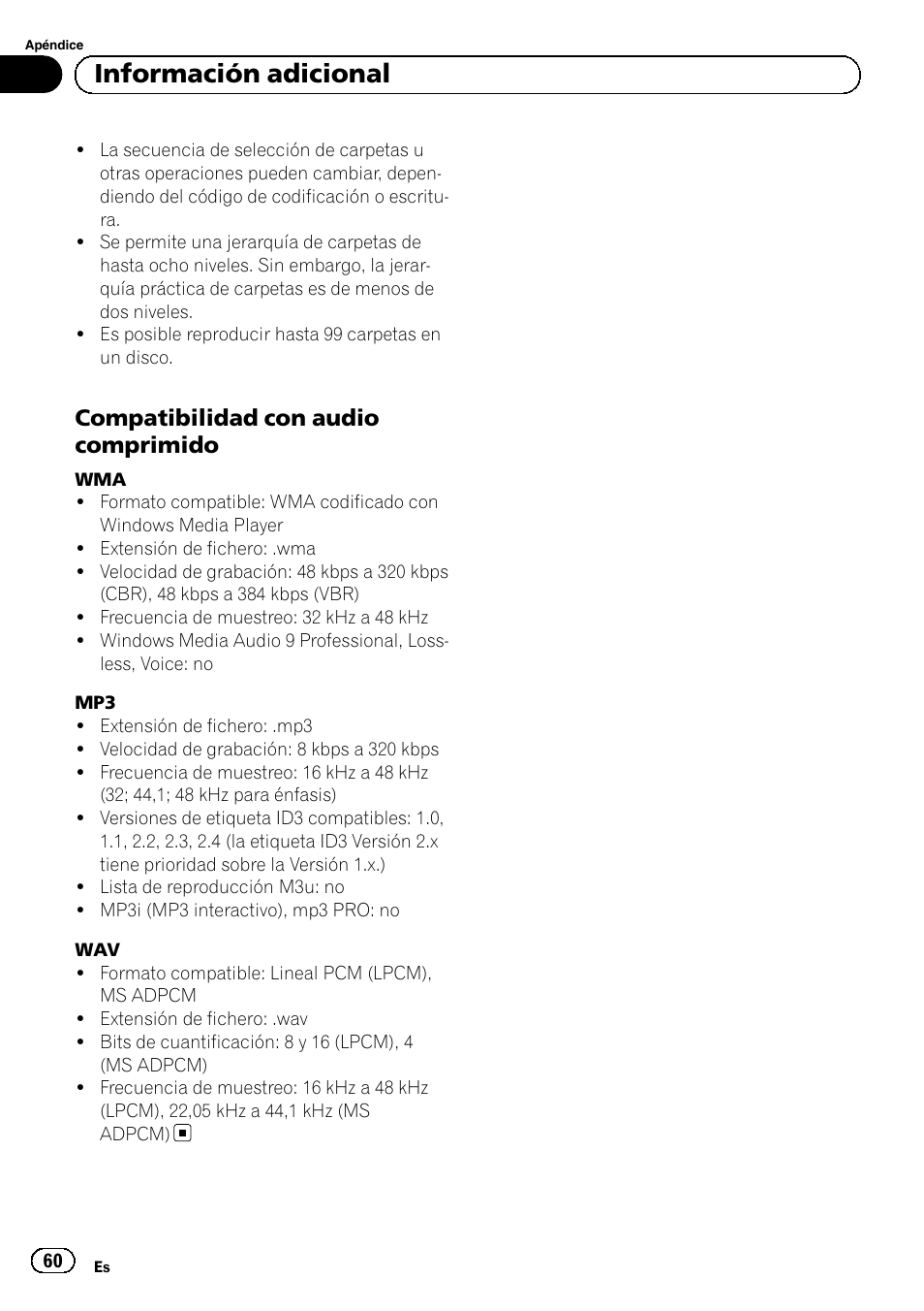 Compatibilidad con audio, Comprimido, Información adicional | Compatibilidad con audio comprimido | Pioneer DEH-1100MP User Manual | Page 60 / 62
