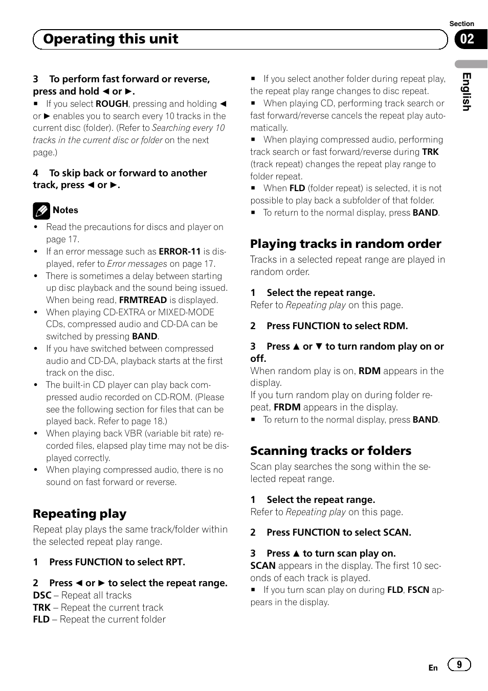 Repeating play 9, Playing tracks in random order 9, Scanning tracks or folders 9 | Operating this unit, Repeating play, Playing tracks in random order, Scanning tracks or folders | Pioneer DEH-1100MP User Manual | Page 9 / 62