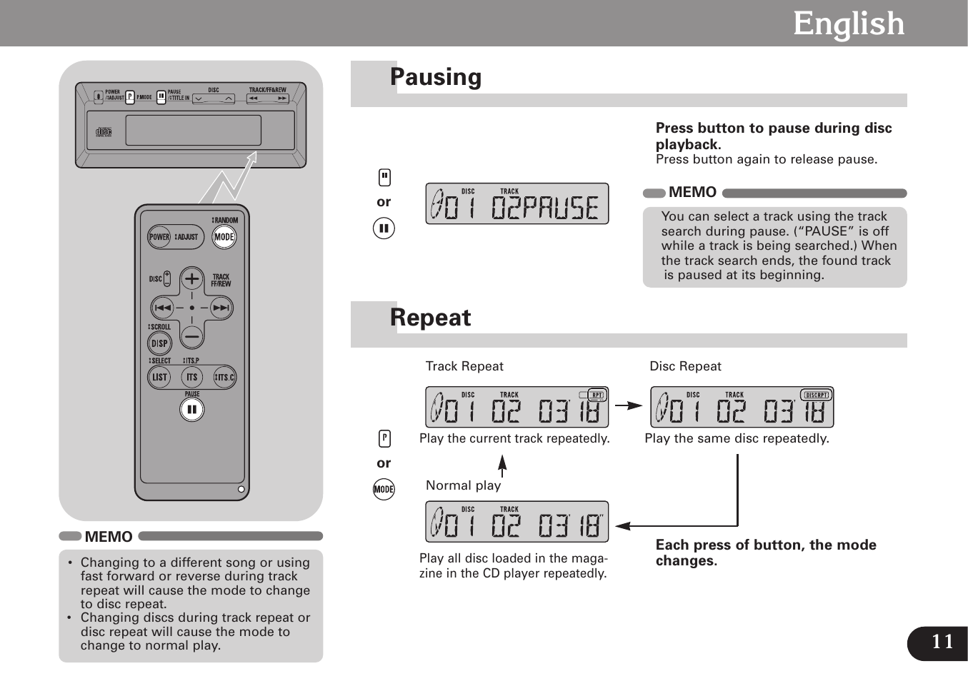 Repeat, Pausing, English | Pausing repeat | Pioneer CDX-FM677 User Manual | Page 11 / 35