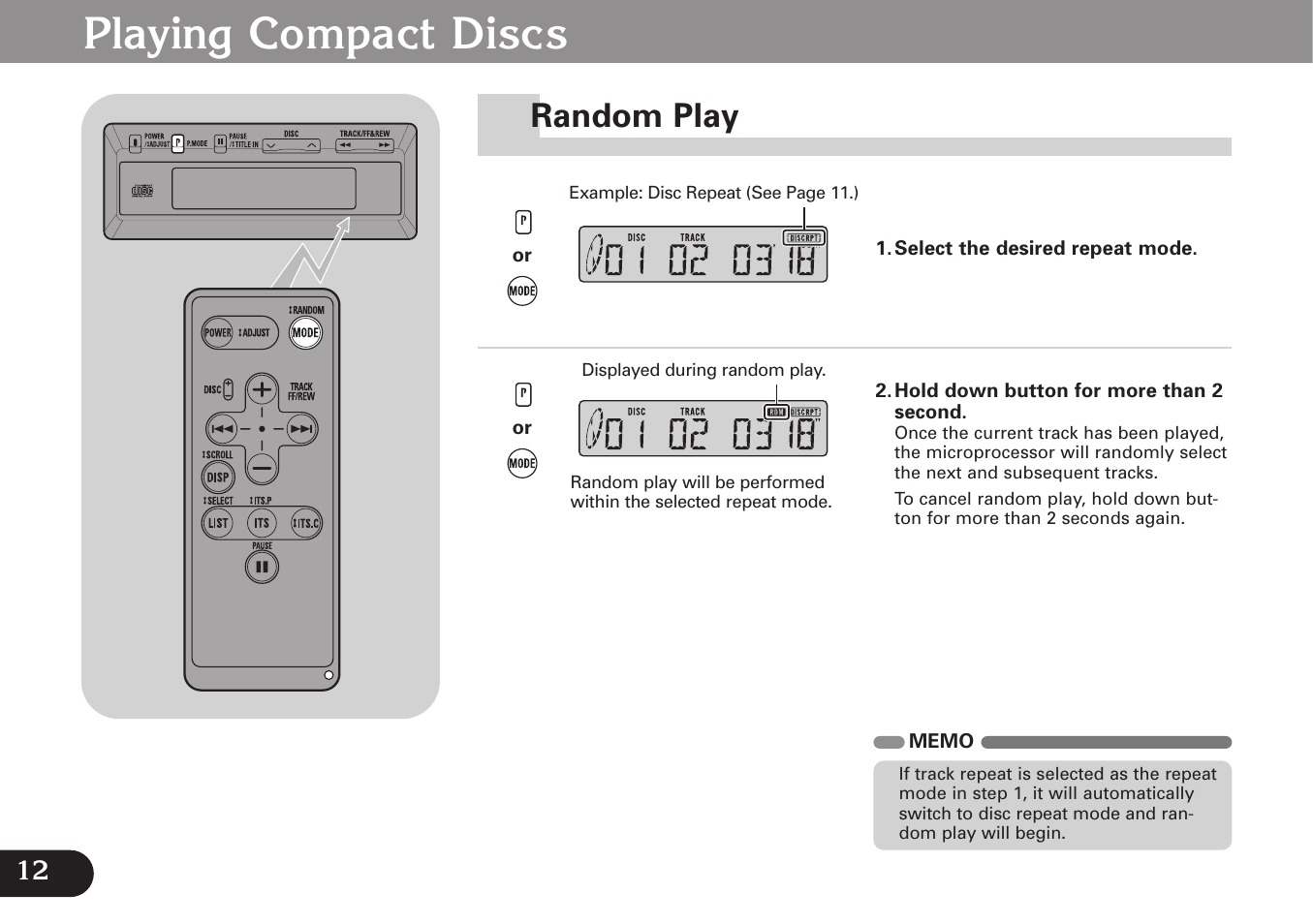 Random, Random play, Playing compact discs | Pioneer CDX-FM677 User Manual | Page 12 / 35