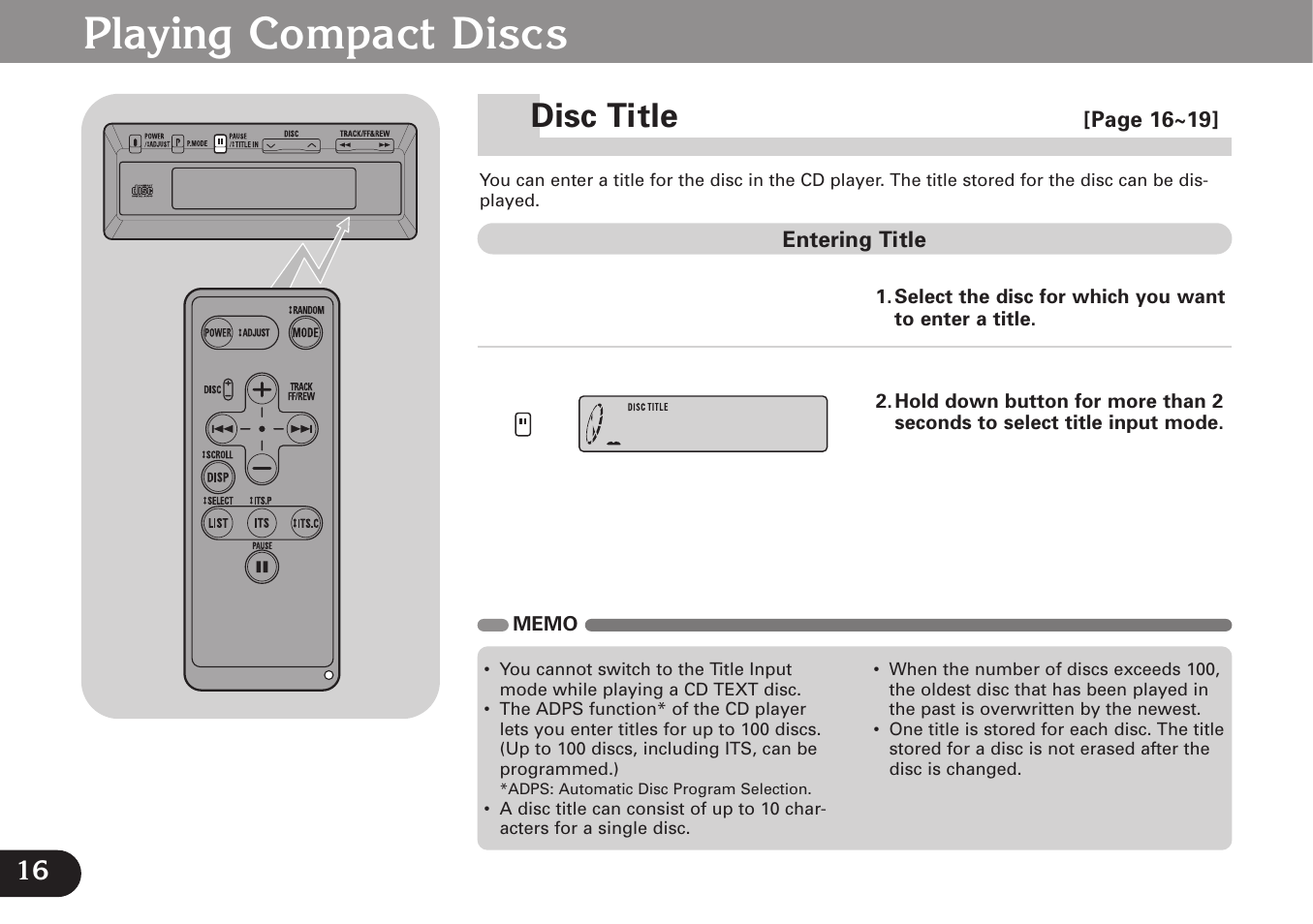 Disc titles, Disc title, Playing compact discs | Pioneer CDX-FM677 User Manual | Page 16 / 35