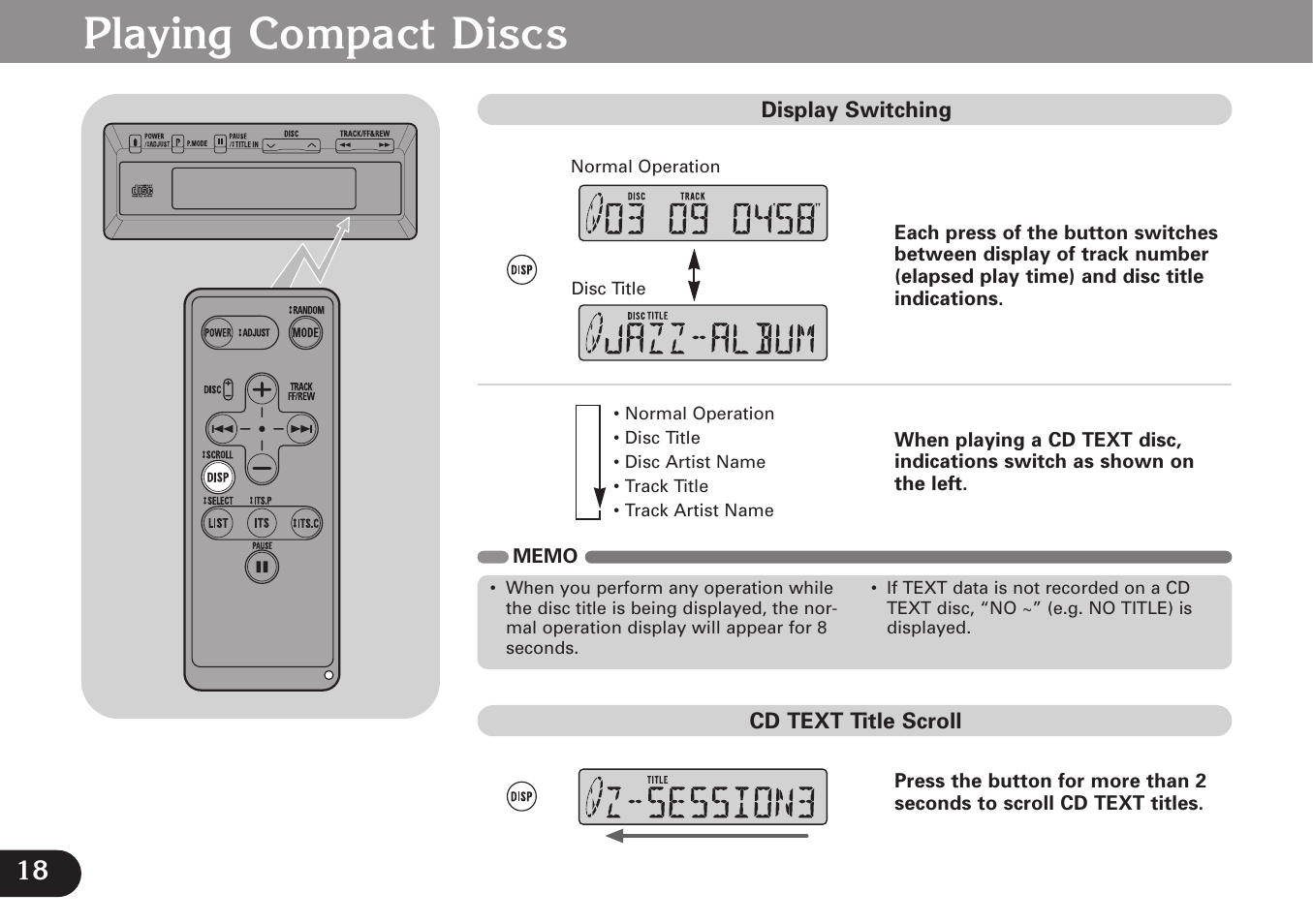 Display switching, Playing compact discs | Pioneer CDX-FM677 User Manual | Page 18 / 35