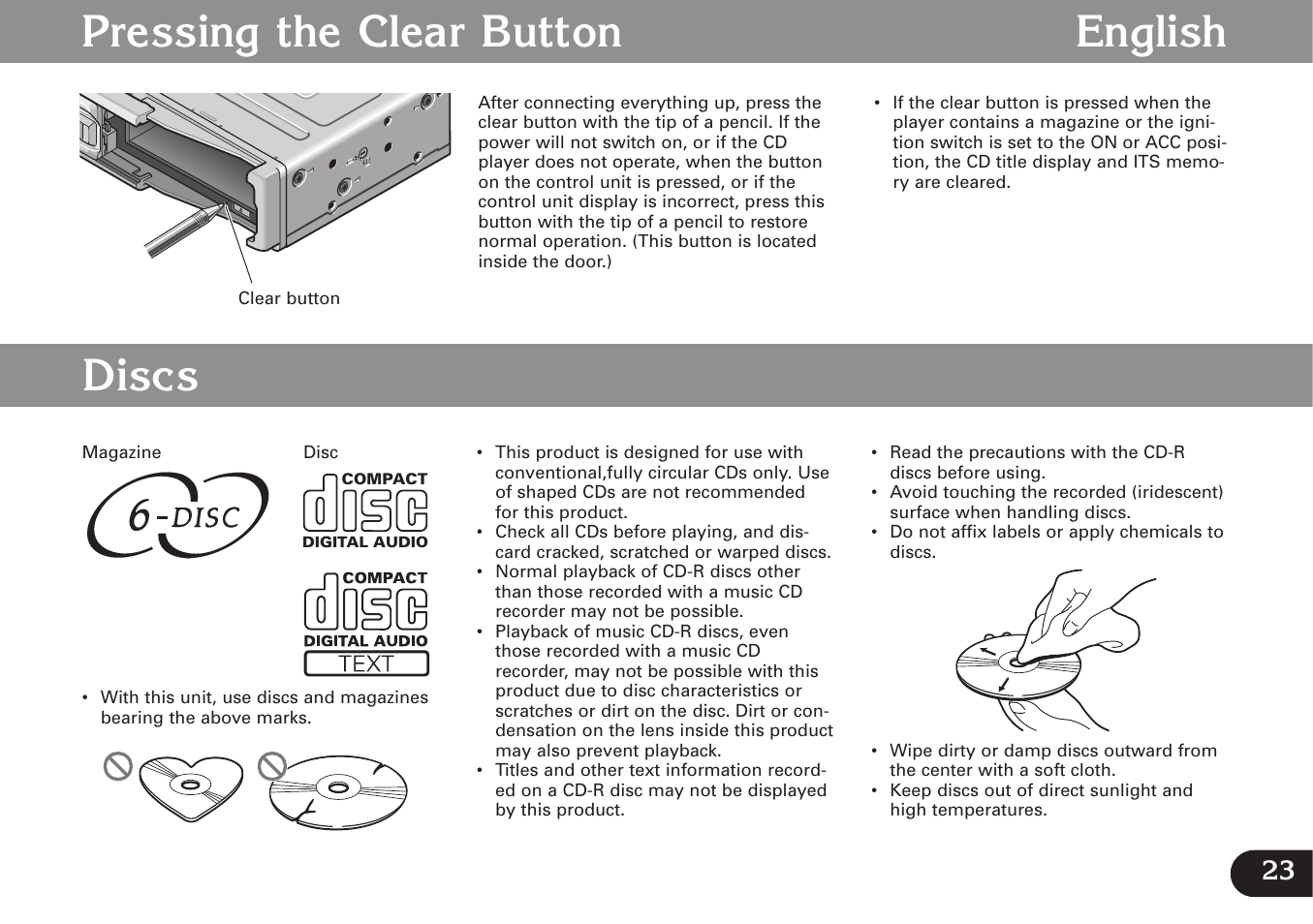 Reset, Pressing the clear button, Discs | Pressing the clear button english | Pioneer CDX-FM677 User Manual | Page 23 / 35
