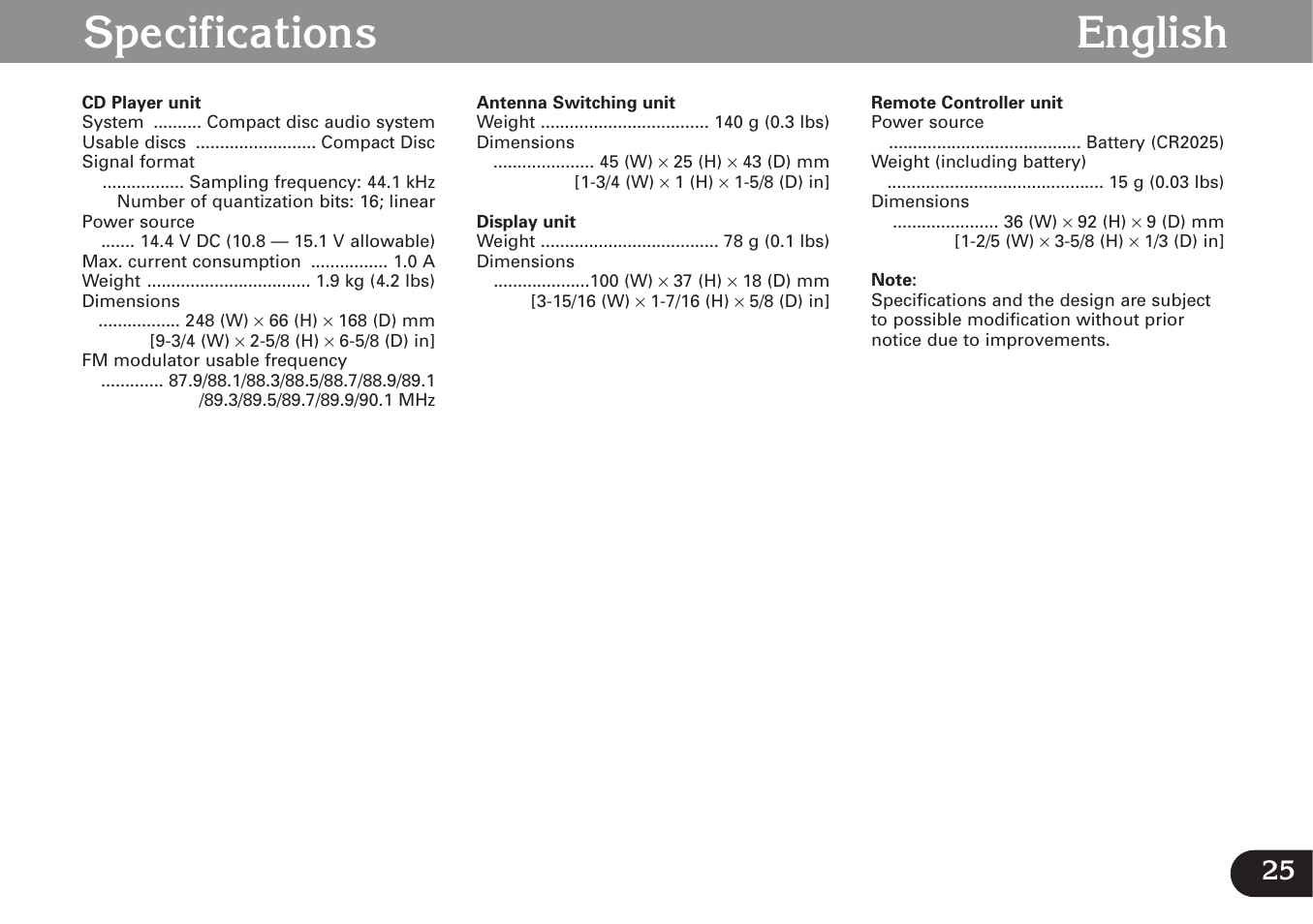 Specs, Specifications, Specifications english | Pioneer CDX-FM677 User Manual | Page 25 / 35