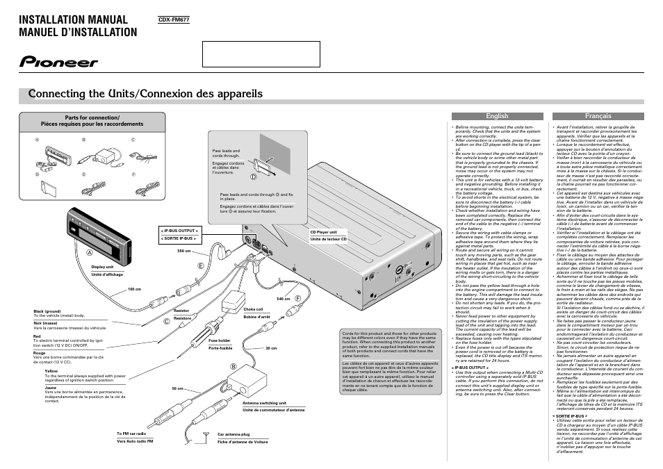 Wiring, Connecting the units/connexion des appareils, Installation manual manuel d’installation | English français | Pioneer CDX-FM677 User Manual | Page 28 / 35