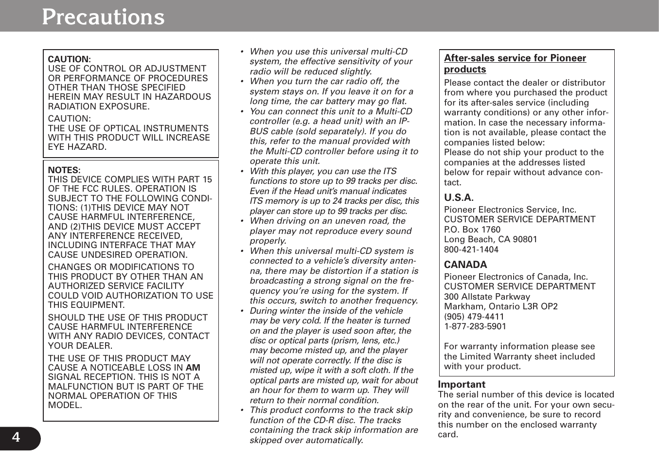 Precautions | Pioneer CDX-FM677 User Manual | Page 4 / 35