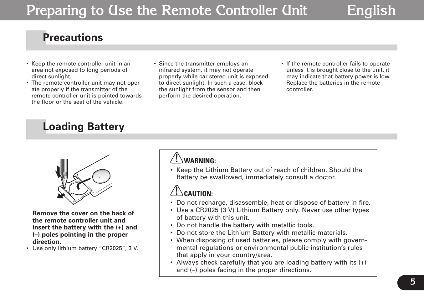 Preparing to use the remote controller unit, Precautions, Loading battery | Pioneer CDX-FM677 User Manual | Page 5 / 35