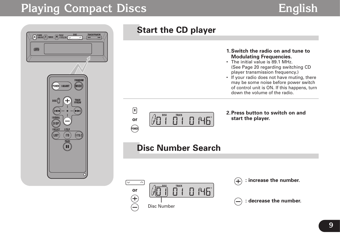 Start the cd, Playing compact discs ~22, Start the cd player | Disc number search, Playing compact discs english, Start the cd player disc number search | Pioneer CDX-FM677 User Manual | Page 9 / 35