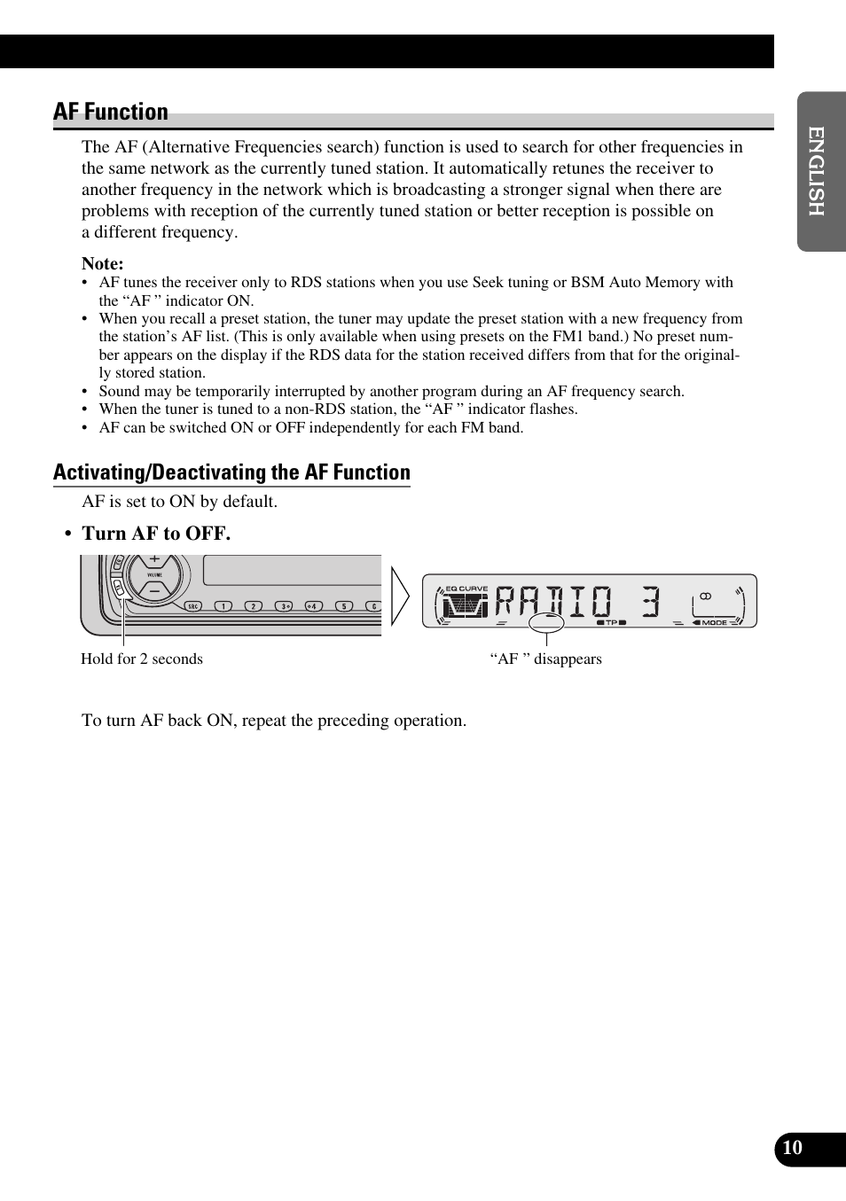 Af function, Activating/deactivating the af function | Pioneer DEH-2330R User Manual | Page 11 / 86