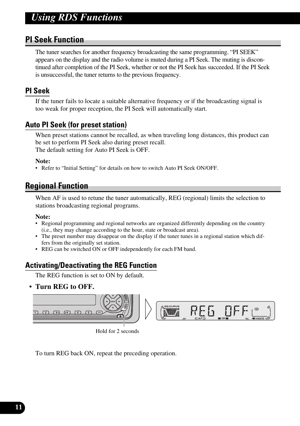Pi seek function, Pi seek, Auto pi seek (for preset station) | Regional function, Activating/deactivating the reg function, Using rds functions | Pioneer DEH-2330R User Manual | Page 12 / 86