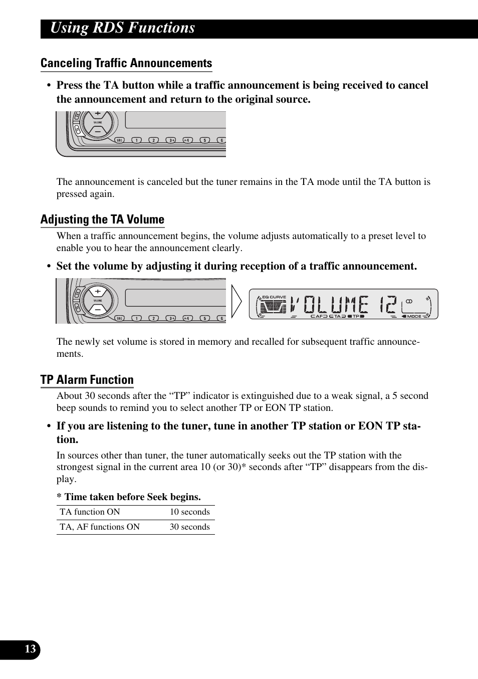 Canceling traffic announcements, Adjusting the ta volume, Tp alarm function | Using rds functions | Pioneer DEH-2330R User Manual | Page 14 / 86