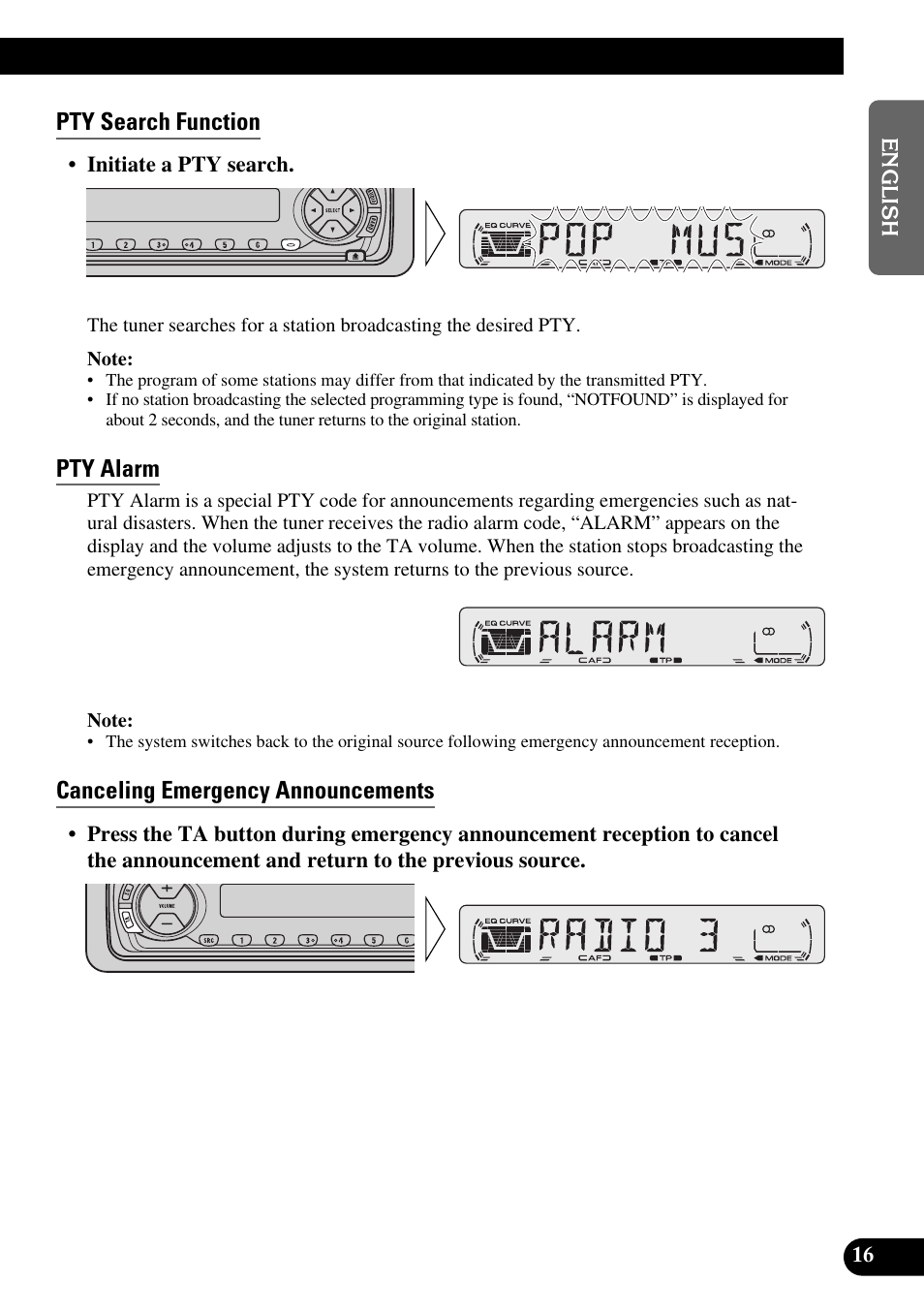Pty search function, Pty alarm, Canceling emergency announcements | Pioneer DEH-2330R User Manual | Page 17 / 86