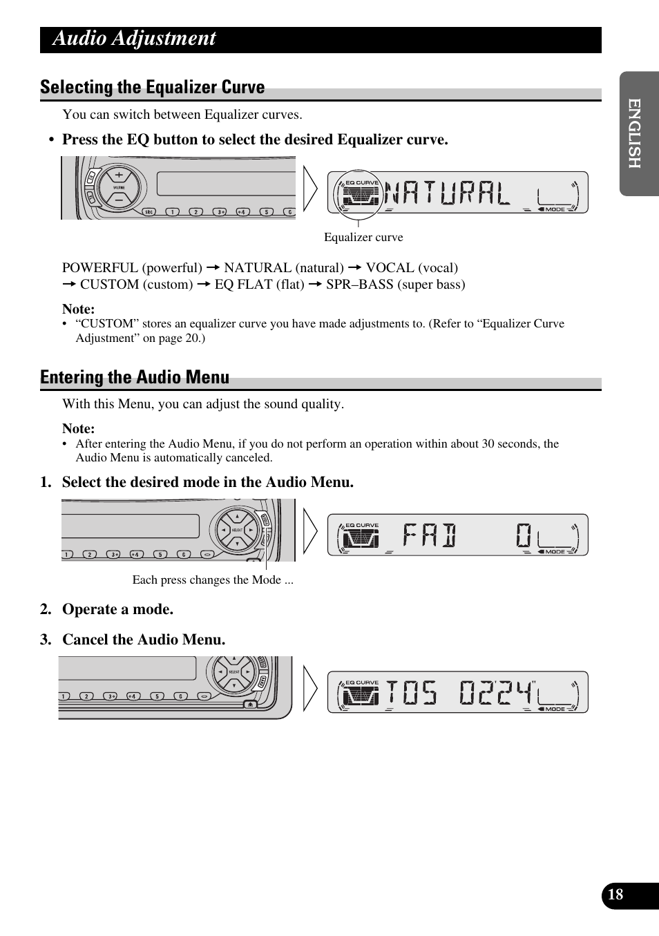 Audio adjustment, Selecting the equalizer curve, Entering the audio menu | Pioneer DEH-2330R User Manual | Page 19 / 86