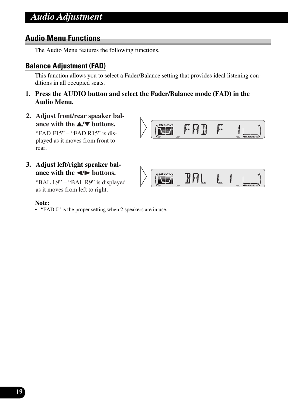 Audio menu functions, Balance adjustment (fad), Audio adjustment | Pioneer DEH-2330R User Manual | Page 20 / 86