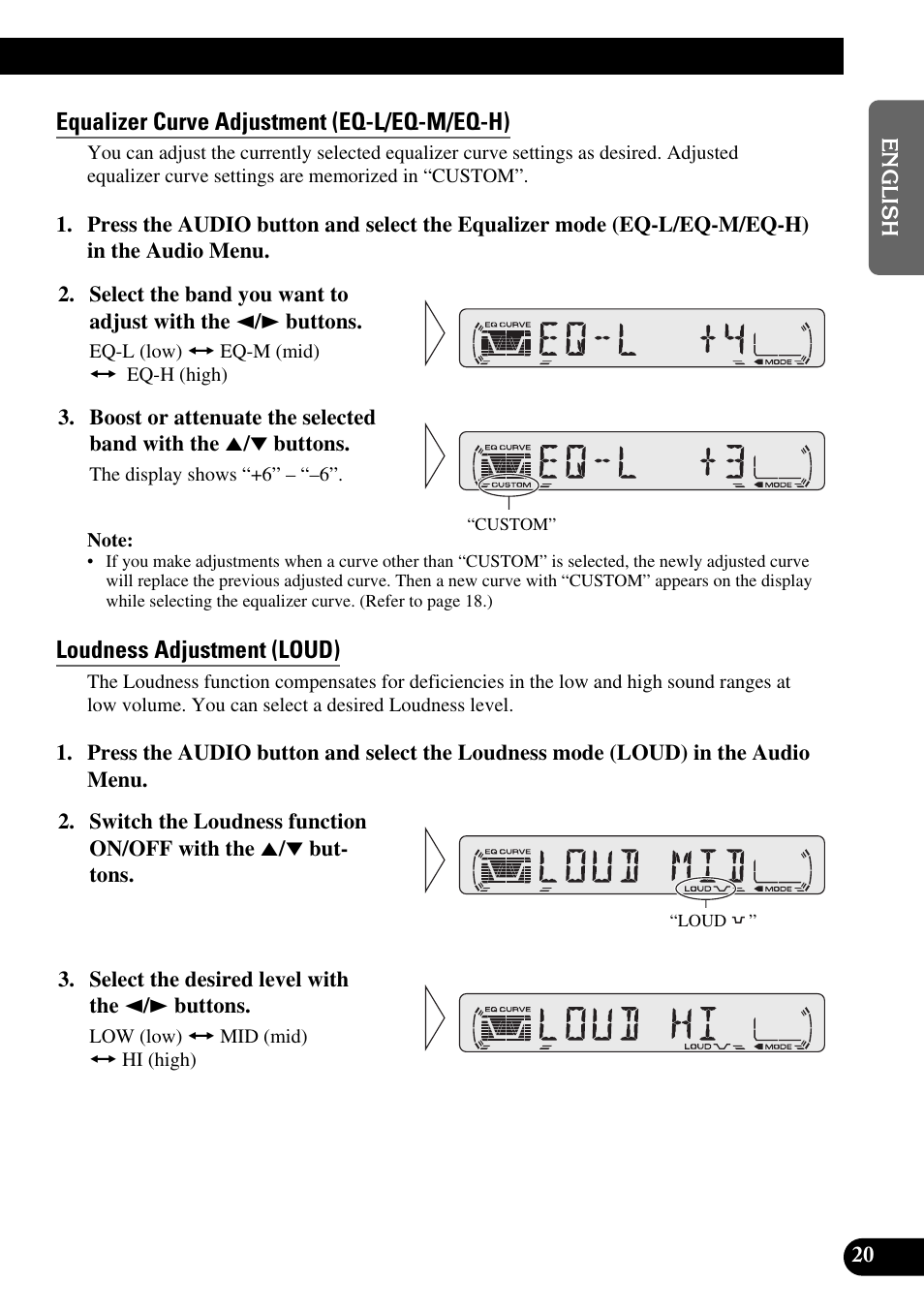 Equalizer curve adjustment, Eq-l/eq-m/eq-h), Loudness adjustment (loud) | Equalizer curve adjustment (eq-l/eq-m/eq-h) | Pioneer DEH-2330R User Manual | Page 21 / 86
