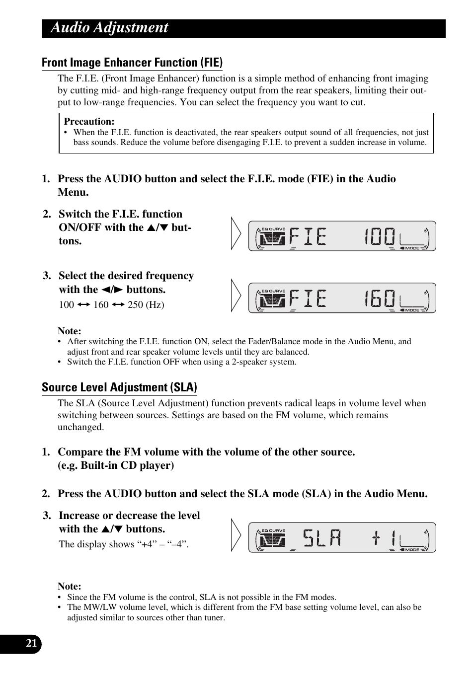 Front image enhancer function (fie), Source level adjustment (sla), Audio adjustment | Pioneer DEH-2330R User Manual | Page 22 / 86
