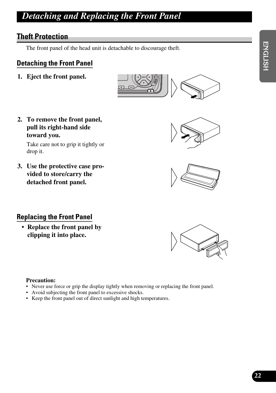 Detaching and replacing, The front panel, Theft protection | Detaching the front panel, Replacing the front panel, Detaching and replacing the front panel | Pioneer DEH-2330R User Manual | Page 23 / 86