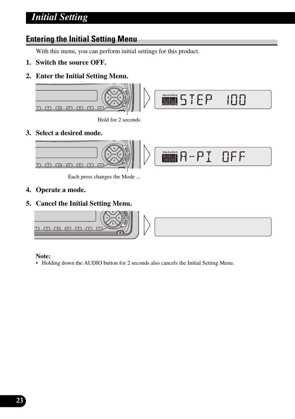 Initial setting, Entering the initial setting menu | Pioneer DEH-2330R User Manual | Page 24 / 86