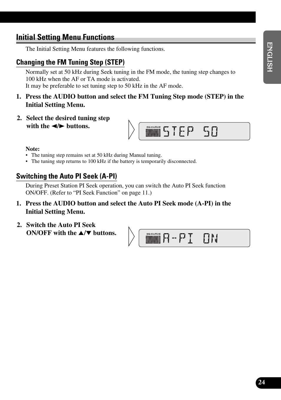 Initial setting menu functions, Changing the fm tuning step (step), Switching the auto pi seek (a-pi) | Pioneer DEH-2330R User Manual | Page 25 / 86