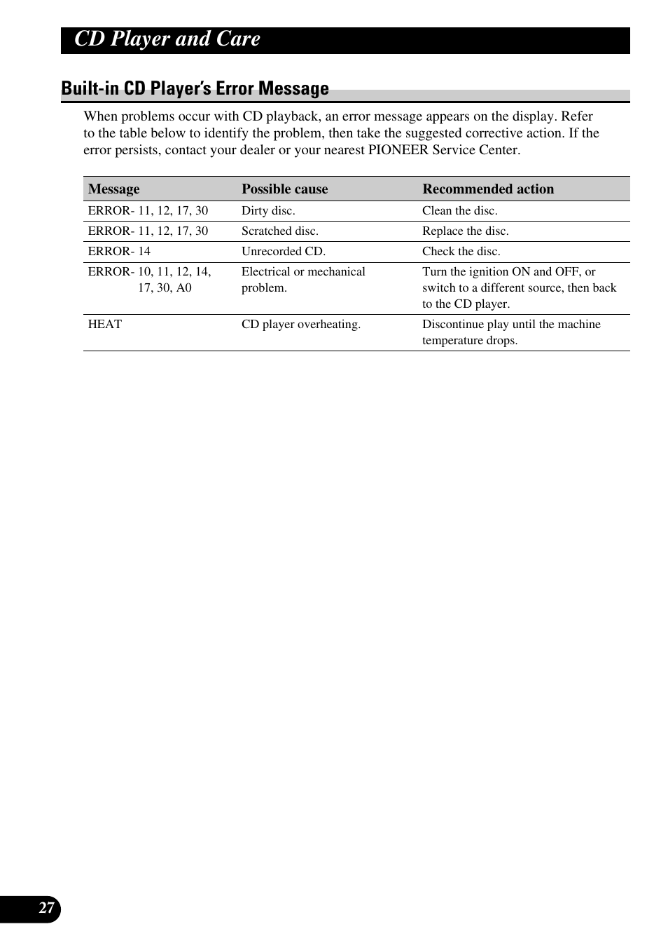 Built-in cd player’s error message, Cd player and care | Pioneer DEH-2330R User Manual | Page 28 / 86