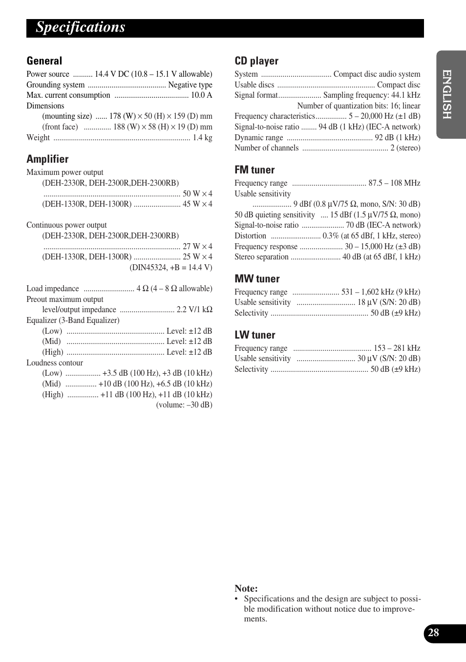 Specifications | Pioneer DEH-2330R User Manual | Page 29 / 86