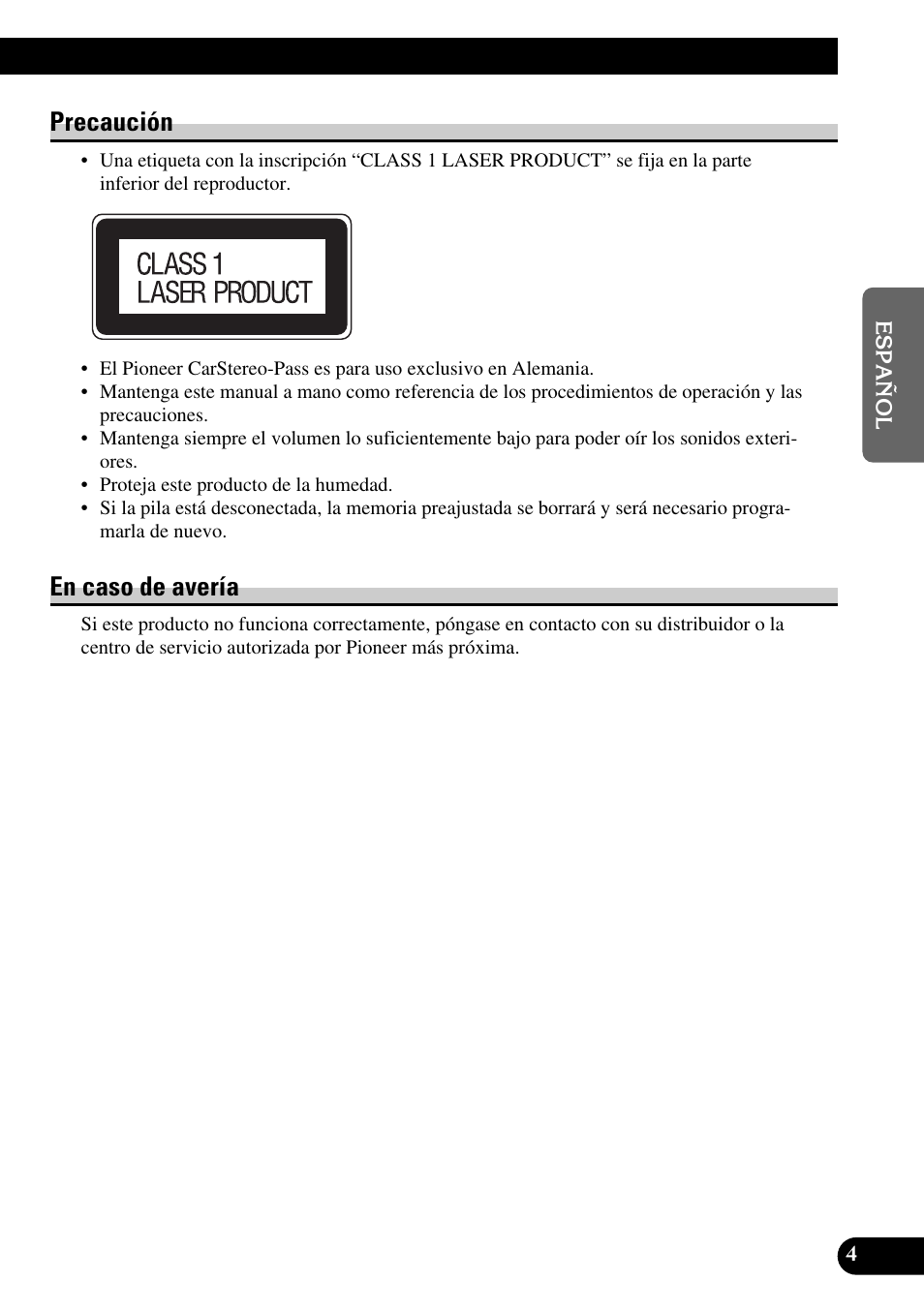 Precaución en caso de avería, Precaución, En caso de avería | Pioneer DEH-2330R User Manual | Page 33 / 86