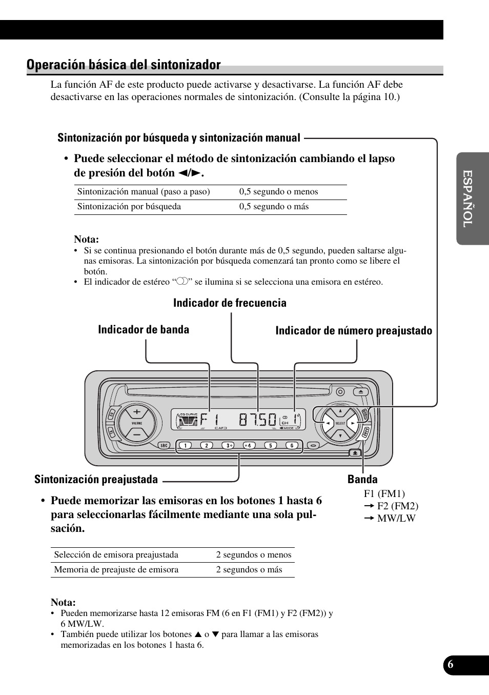 Operación básica del sintonizador, Sintonización por búsqueda y sintonización manual, Sintonización preajustada | Banda | Pioneer DEH-2330R User Manual | Page 35 / 86