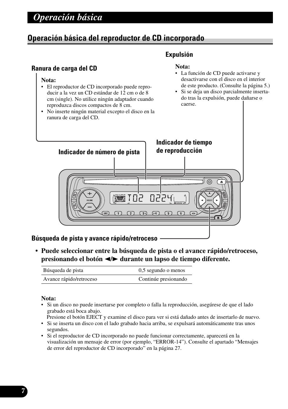 Operación básica del reproductor de cd, Incorporado, Ranura de carga del cd | Expulsión, Búsqueda de pista y avance rápido/retroceso, Operación básica, Operación básica del reproductor de cd incorporado | Pioneer DEH-2330R User Manual | Page 36 / 86