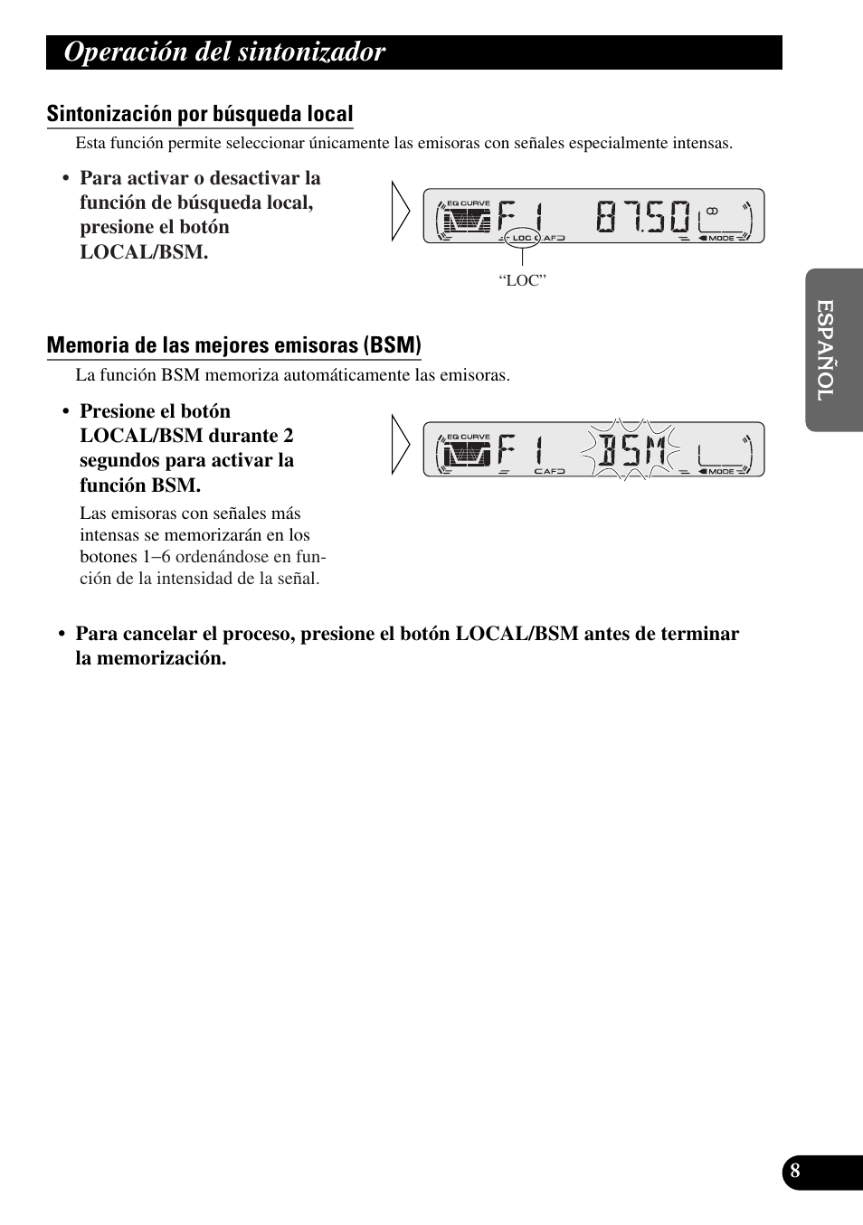 Operación del sintonizador, Sintonización por búsqueda local, Memoria de las mejores emisoras (bsm) | Pioneer DEH-2330R User Manual | Page 37 / 86