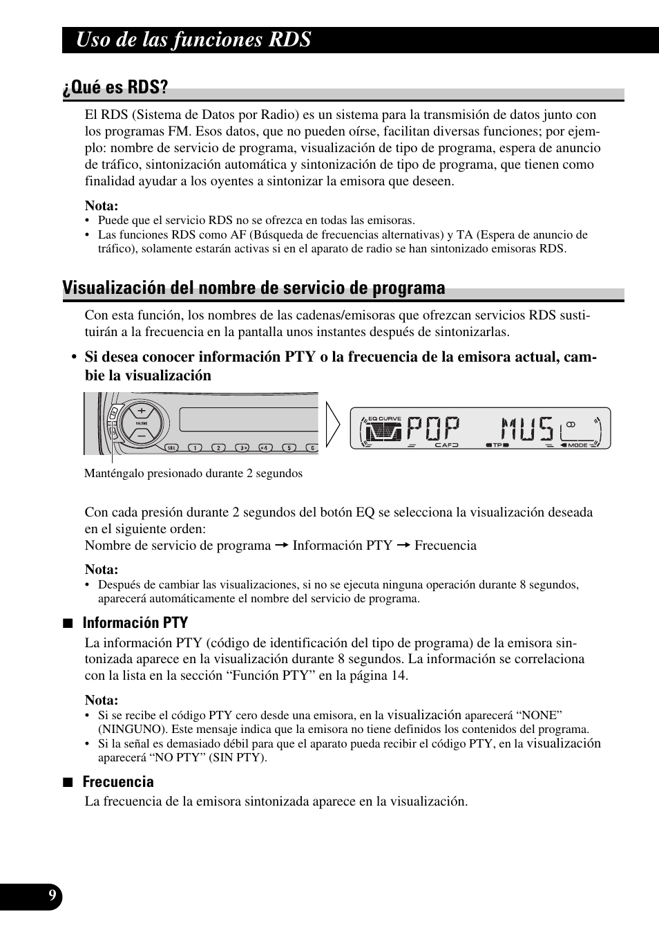 Uso de las funciones rds, Qué es rds? visualización del nombre de, Servicio de programa | Qué es rds, Visualización del nombre de servicio de programa | Pioneer DEH-2330R User Manual | Page 38 / 86