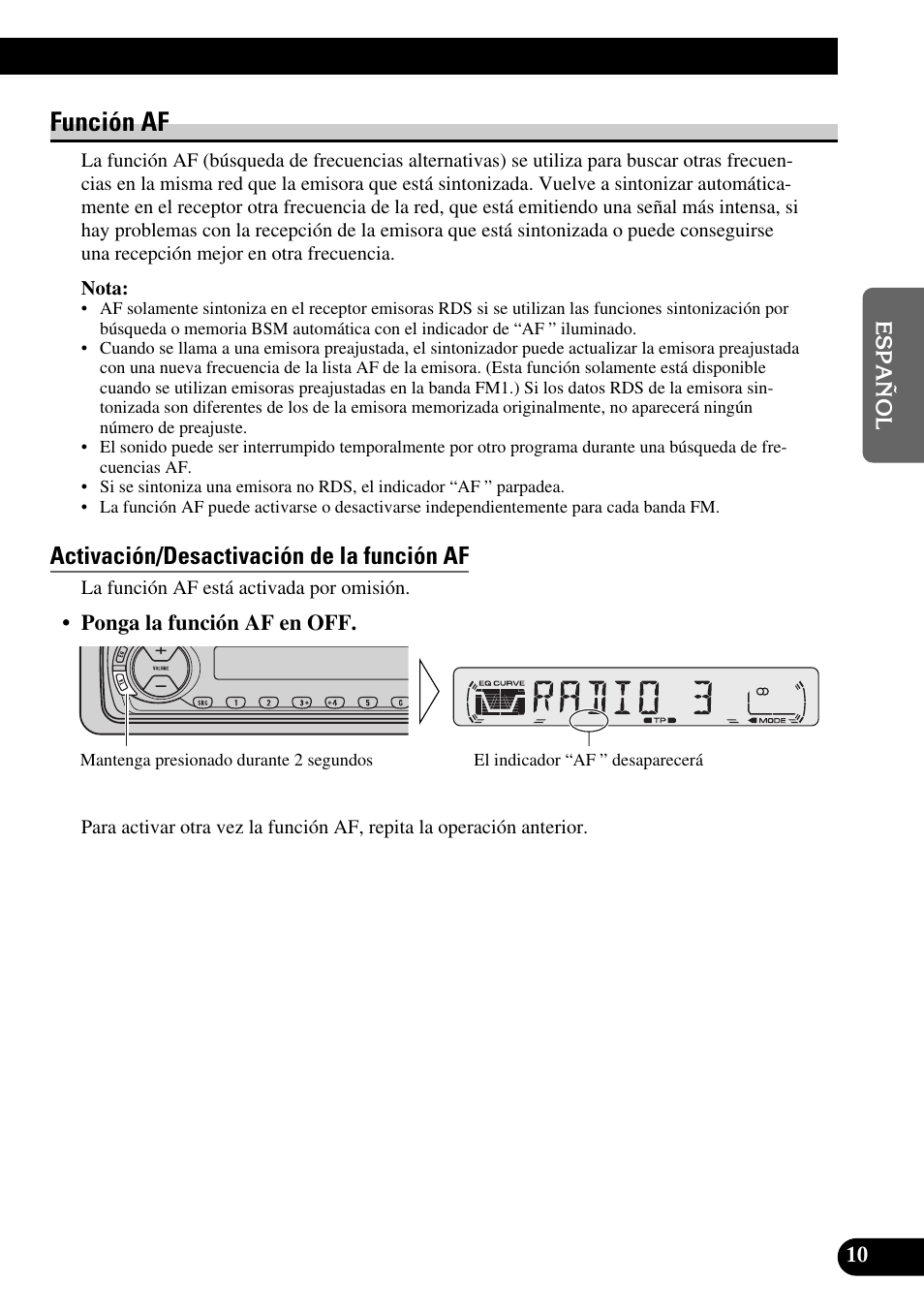 Función af, Activación/desactivación de la función af | Pioneer DEH-2330R User Manual | Page 39 / 86