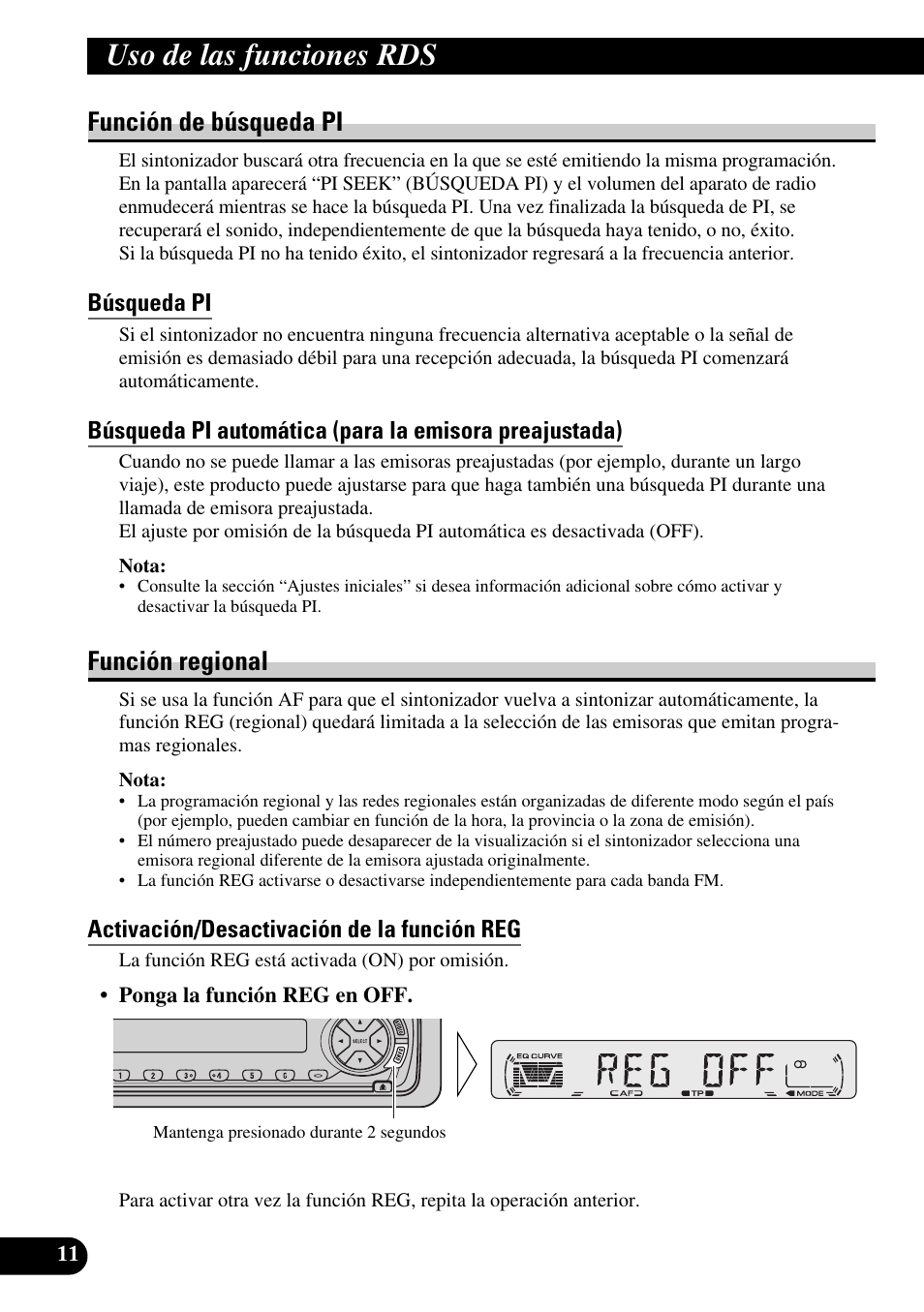 Función de búsqueda pi, Búsqueda pi, Función regional | Activación/desactivación de la función reg, Uso de las funciones rds | Pioneer DEH-2330R User Manual | Page 40 / 86