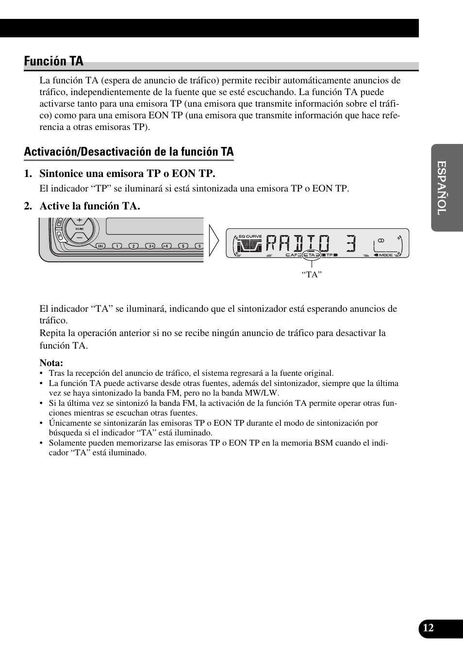 Función ta, Activación/desactivación de la función ta | Pioneer DEH-2330R User Manual | Page 41 / 86