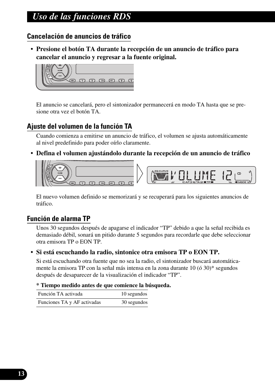 Cancelación de anuncios de tráfico, Ajuste del volumen de la función ta, Función de alarma tp | Uso de las funciones rds | Pioneer DEH-2330R User Manual | Page 42 / 86