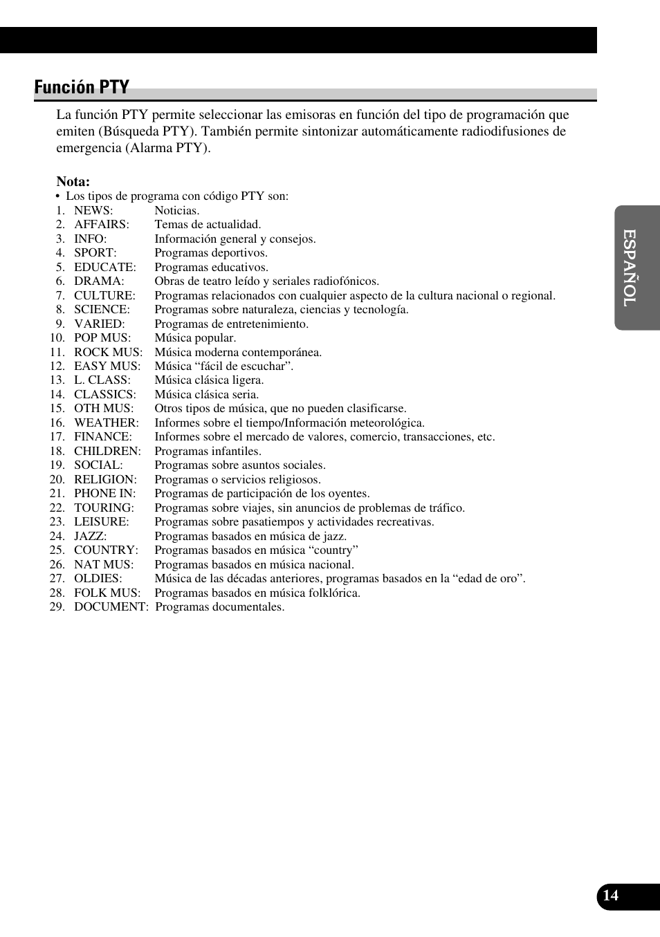 Función pty | Pioneer DEH-2330R User Manual | Page 43 / 86