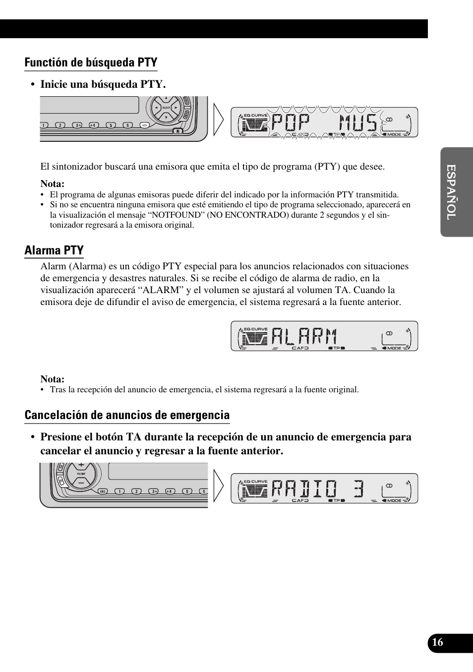 Función de búsqueda pty, Alarma pty, Cancelación de anuncios de emergencia | Functión de búsqueda pty | Pioneer DEH-2330R User Manual | Page 45 / 86