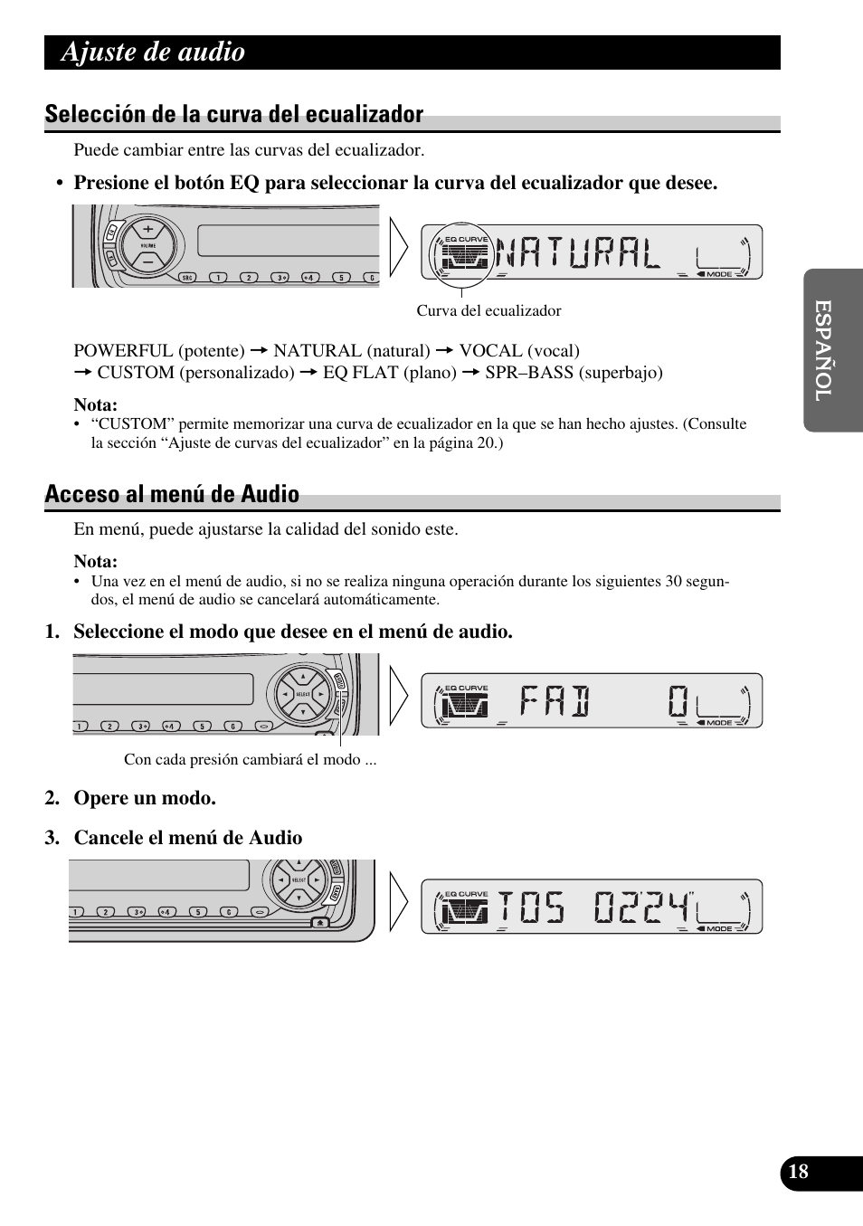 Ajuste de audio, Selección de la curva del ecualizador, Acceso al menú de audio | Pioneer DEH-2330R User Manual | Page 47 / 86