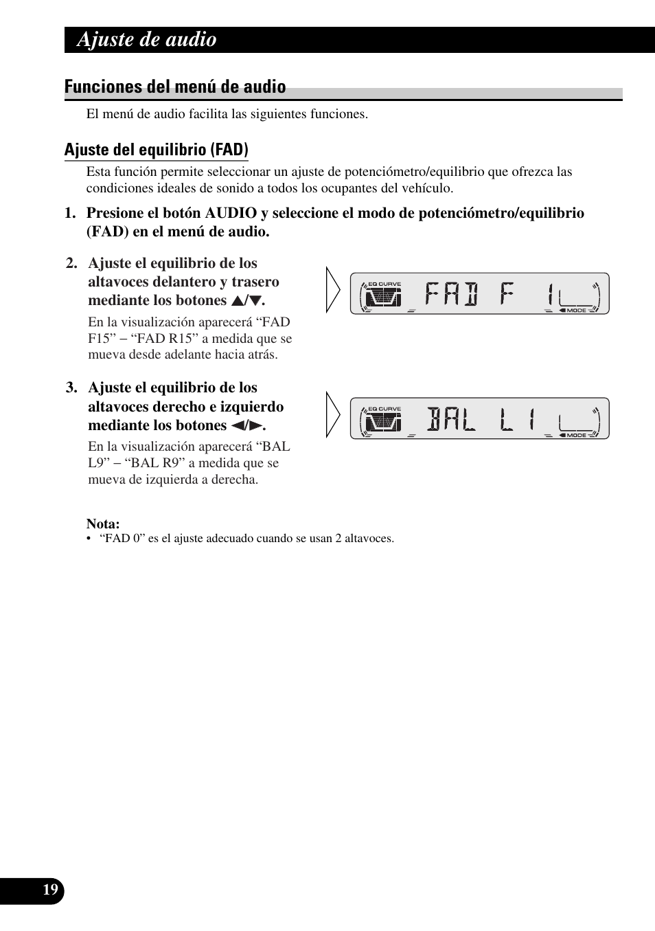 Funciones del menú de audio, Ajuste del equilibrio (fad), Ajuste de audio | Pioneer DEH-2330R User Manual | Page 48 / 86