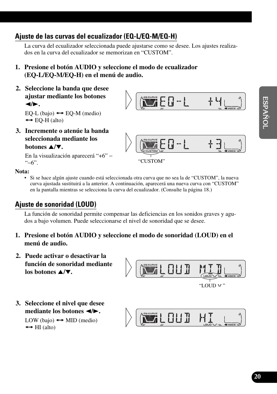 Ajuste de las curvas del ecualizador, Eq-l/eq-m/eq-h), Ajuste de sonoridad (loud) | Pioneer DEH-2330R User Manual | Page 49 / 86