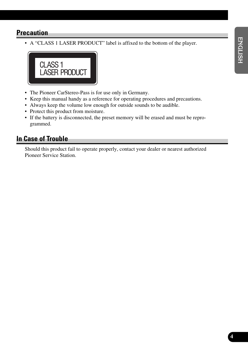 Precaution in case of trouble, Precaution | Pioneer DEH-2330R User Manual | Page 5 / 86