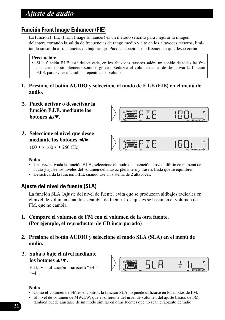 Función front image enhancer (fie), Ajuste del nivel de fuente (sla), Ajuste de audio | Pioneer DEH-2330R User Manual | Page 50 / 86