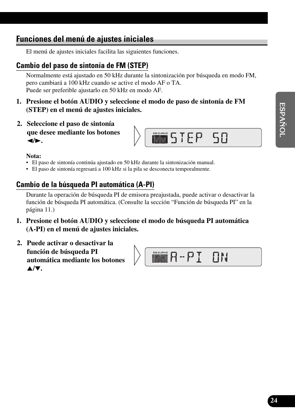Funciones del menú de ajustes iniciales, Cambio del paso de sintonía de fm (step), Cambio de la búsqueda pi automática (a-pi) | Pioneer DEH-2330R User Manual | Page 53 / 86