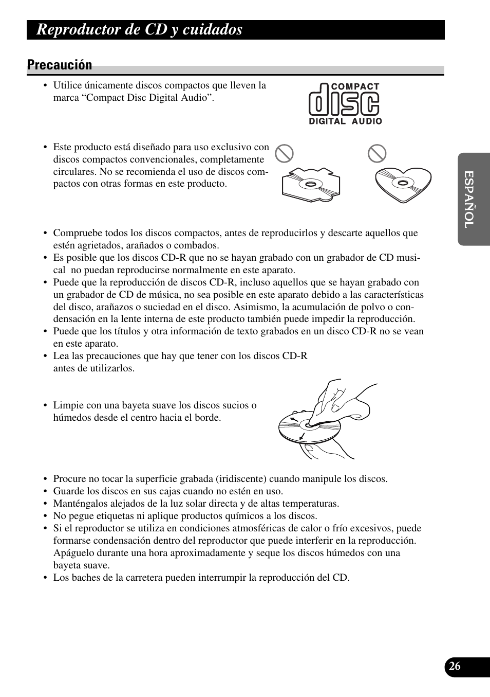 Reproductor de cd y cuidados, Precaución | Pioneer DEH-2330R User Manual | Page 55 / 86