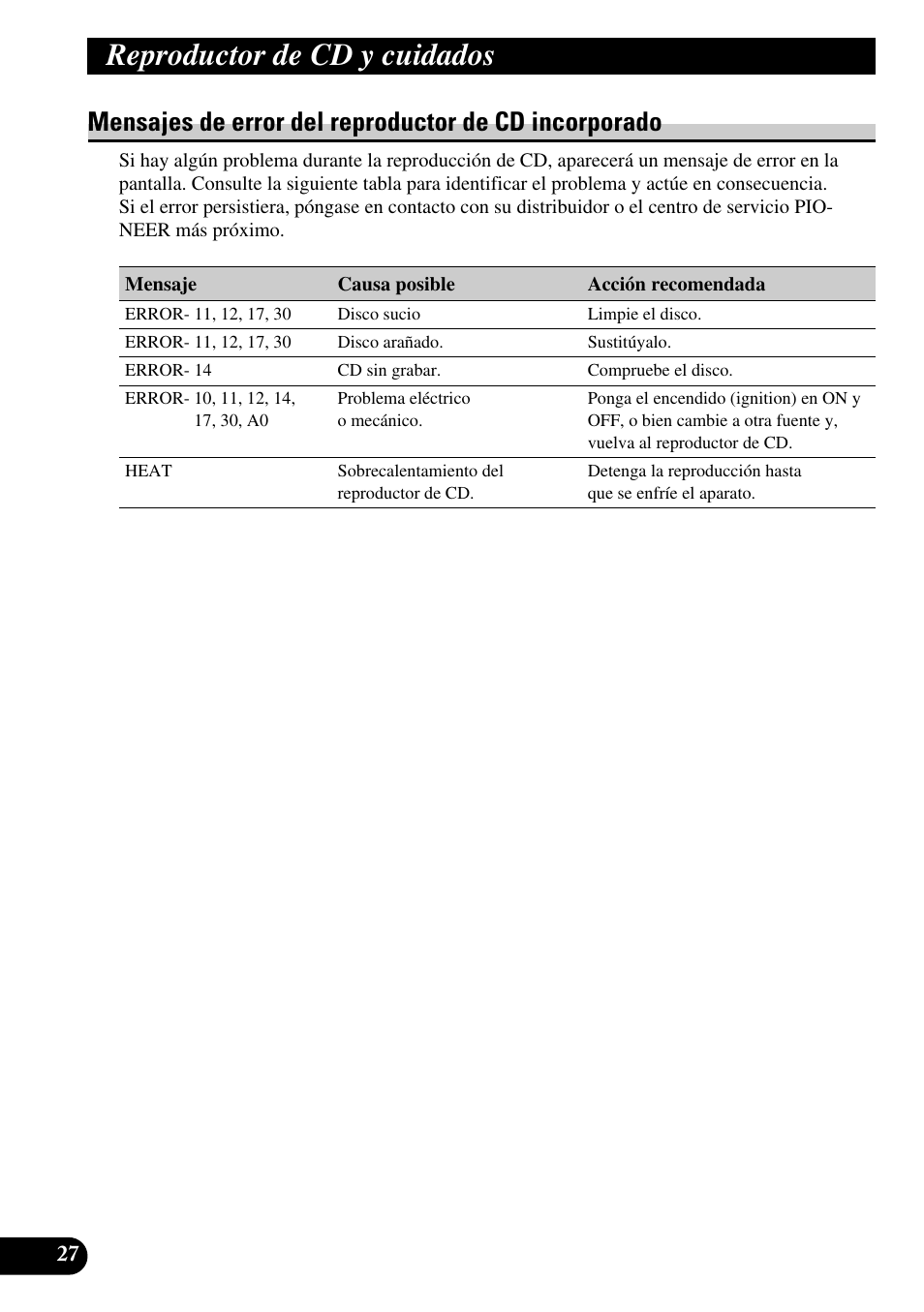 Mensajes de error del reproductor, De cd incorporado, Reproductor de cd y cuidados | Pioneer DEH-2330R User Manual | Page 56 / 86