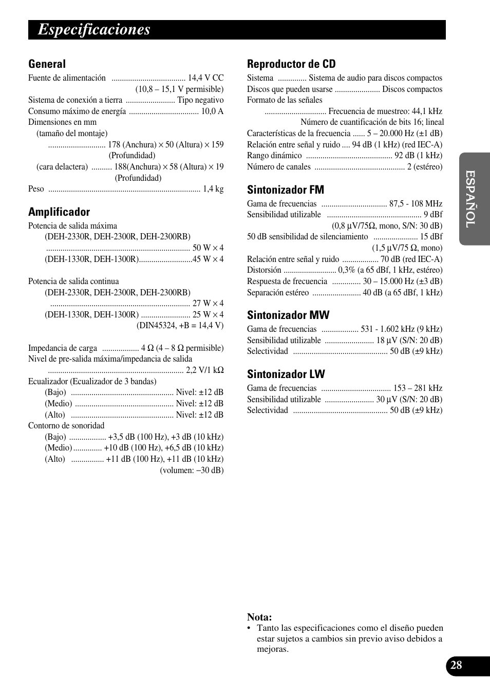 Especificaciones | Pioneer DEH-2330R User Manual | Page 57 / 86