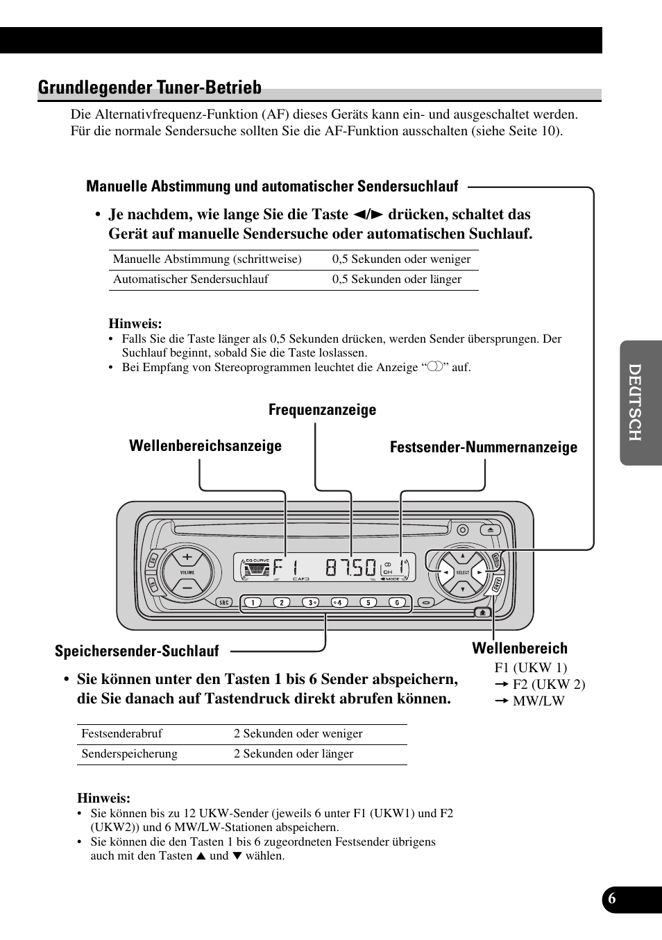 Grundlegender tuner-betrieb, Speichersender-suchlauf, Wellenbereich | Pioneer DEH-2330R User Manual | Page 63 / 86