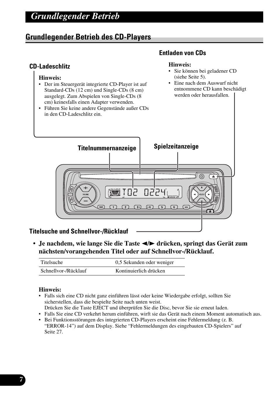 Grundlegender betrieb des cd-players, Cd-ladeschlitz, Entladen von cds | Titelsuche und schnellvor-/rücklauf, Grundlegender betrieb | Pioneer DEH-2330R User Manual | Page 64 / 86